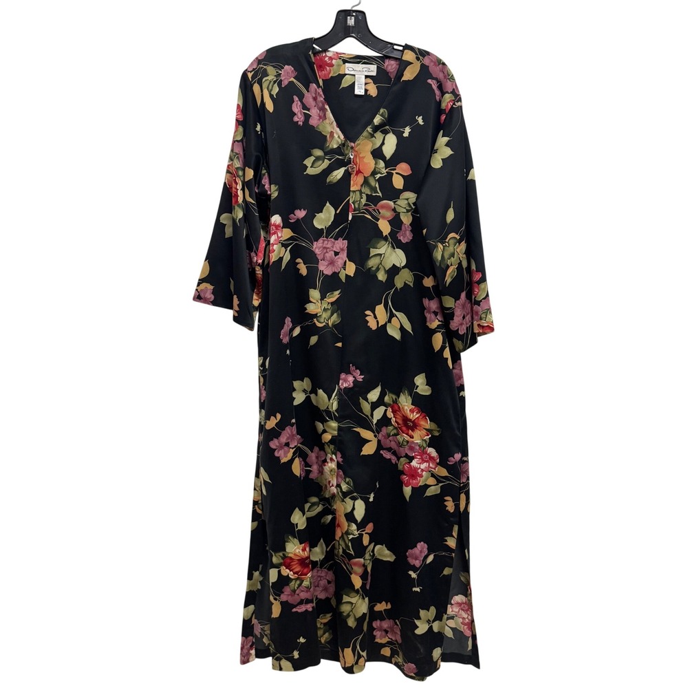 Oscar de la‎ Renta Black Floral Caftan Robe Zip Front Kimono Sleeve Medium